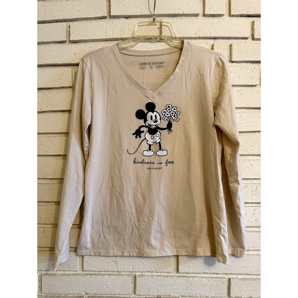 Life Is Good Mickey Mouse With Flowers Kindness Is Free Crusher Tee Sz Small